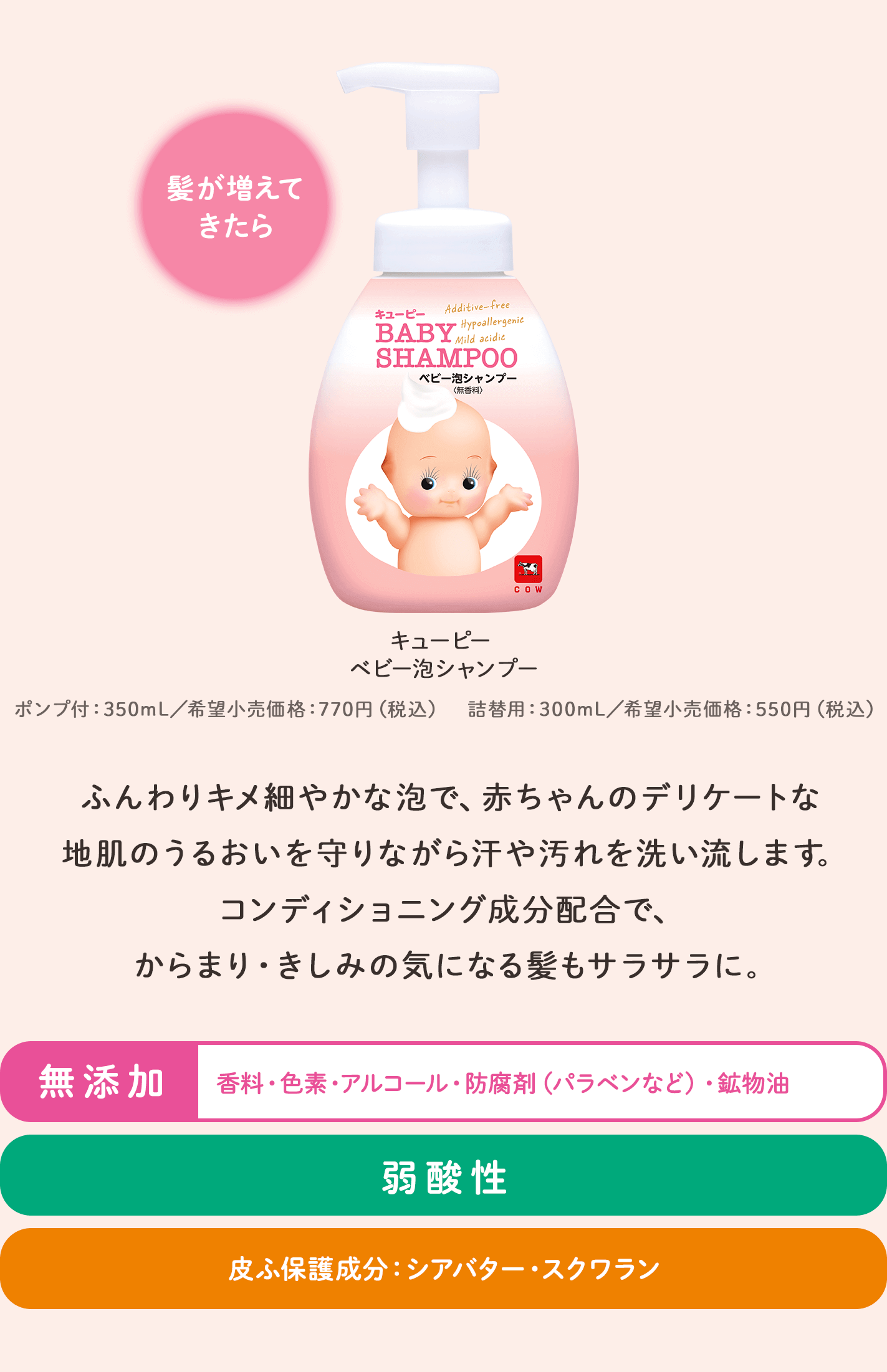 キューピー ベビー泡シャンプー。髪が増えてきたら。ポンプ付350mL／希望小売価格770円（税込）、詰替用300mL／希望小売価格550円（税込）。ふんわりキメ細やかな泡で、赤ちゃんのデリケートな地肌のうるおいを守りながら汗や汚れを洗い流します。コンディショニング成分配合で、からまり・きしみの気になる髪もサラサラに。無添加：香料・色素・アルコール・防腐剤（パラベンなど）・鉱物油。弱酸性。皮ふ保護成分：シアバター・スクワラン。